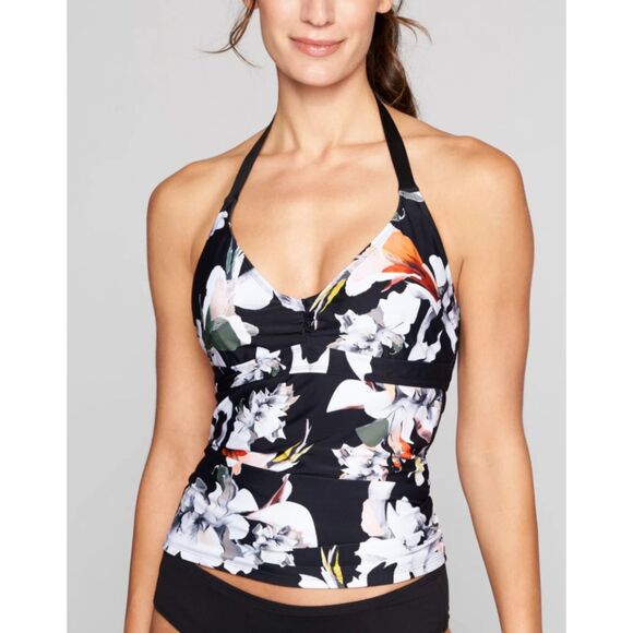 ATHLETA Halter Swim Top Black Floral Size 40 B/C Athletic Tankini Top - Picture 1 of 6